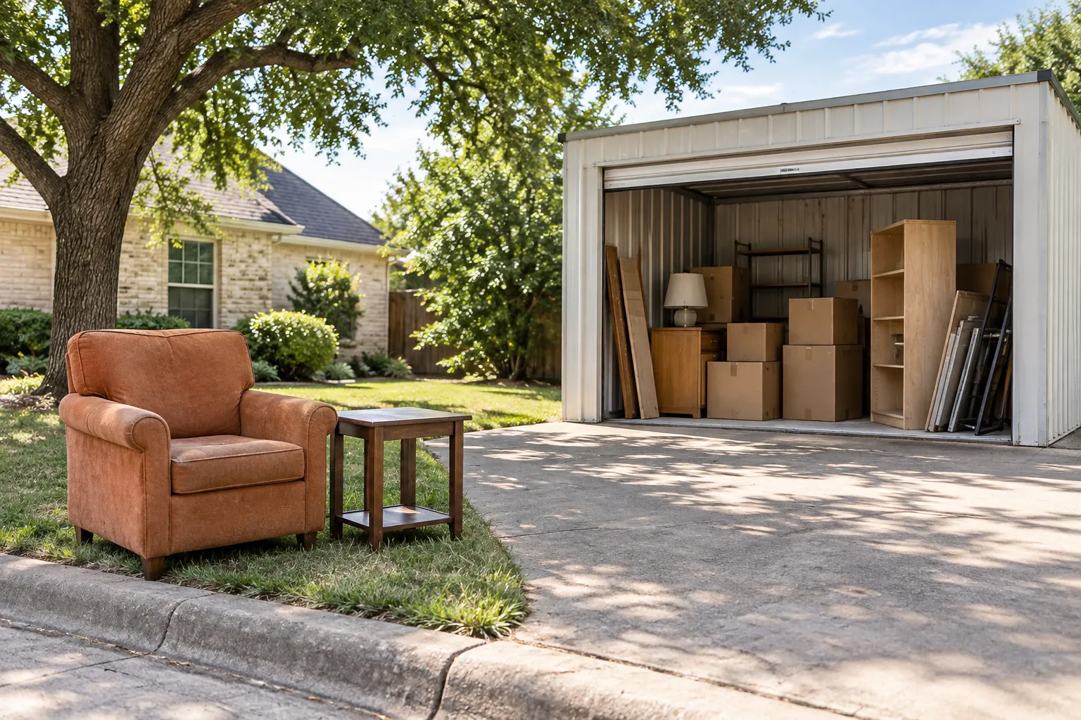 Small curbside furniture group beside a larger storage cleanout scope
