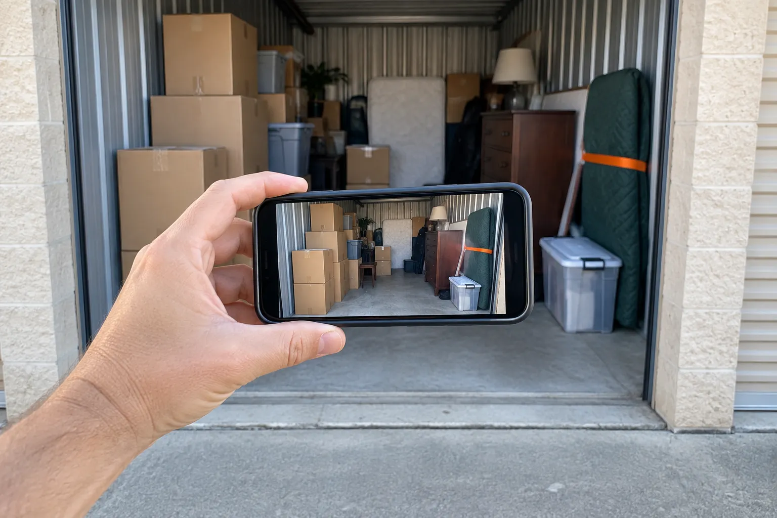 Phone documenting the contents and access path of a storage unit