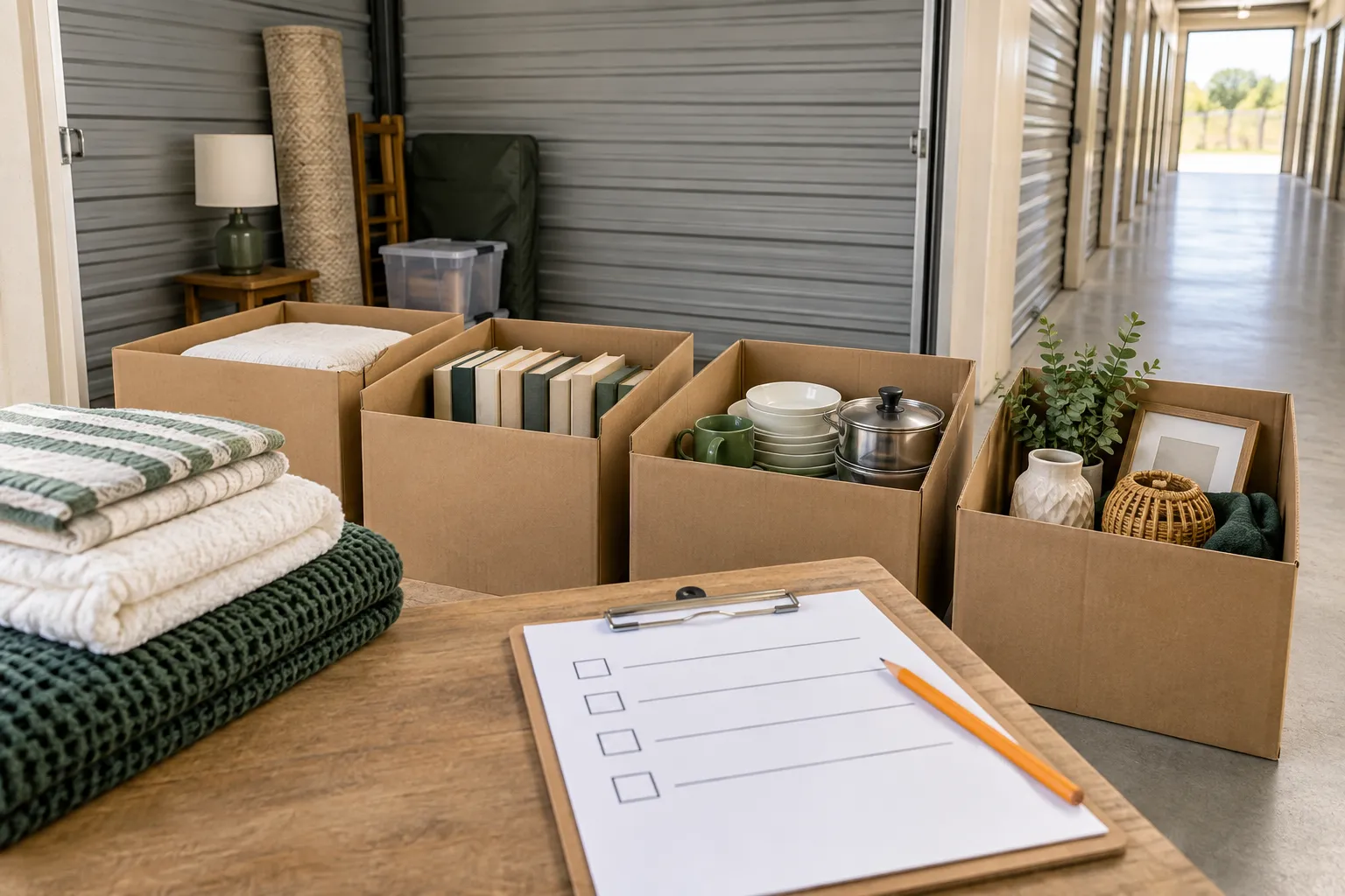 Household items arranged into clear sorting groups in a storage unit