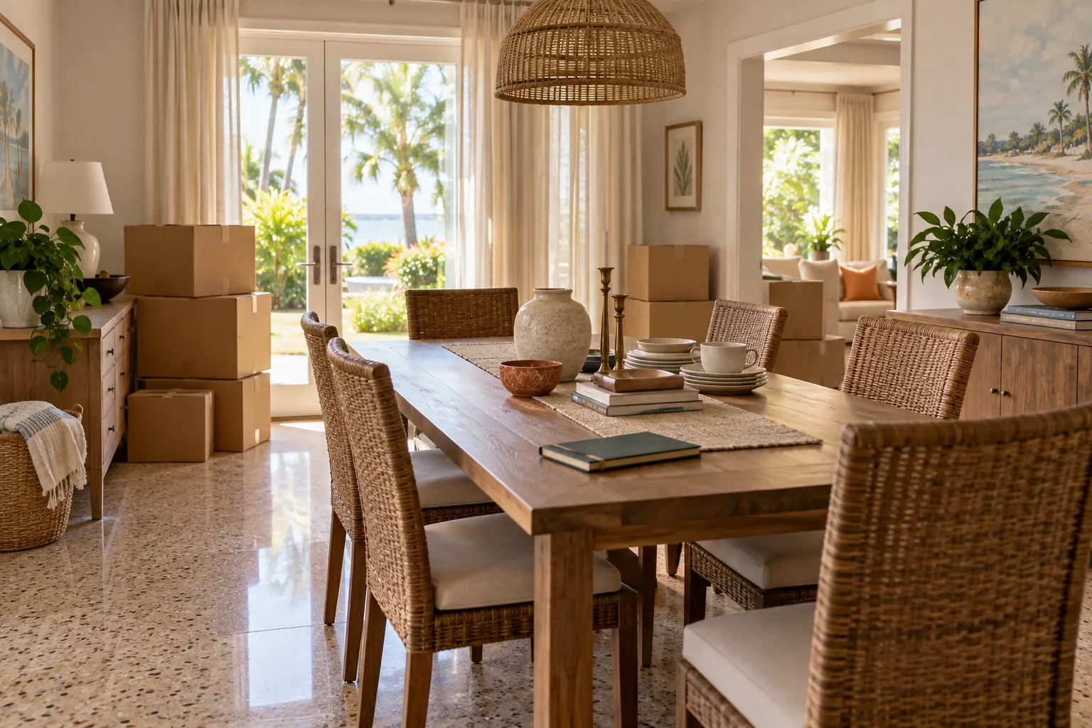 Dining room contents arranged for an estate cleanout walkthrough